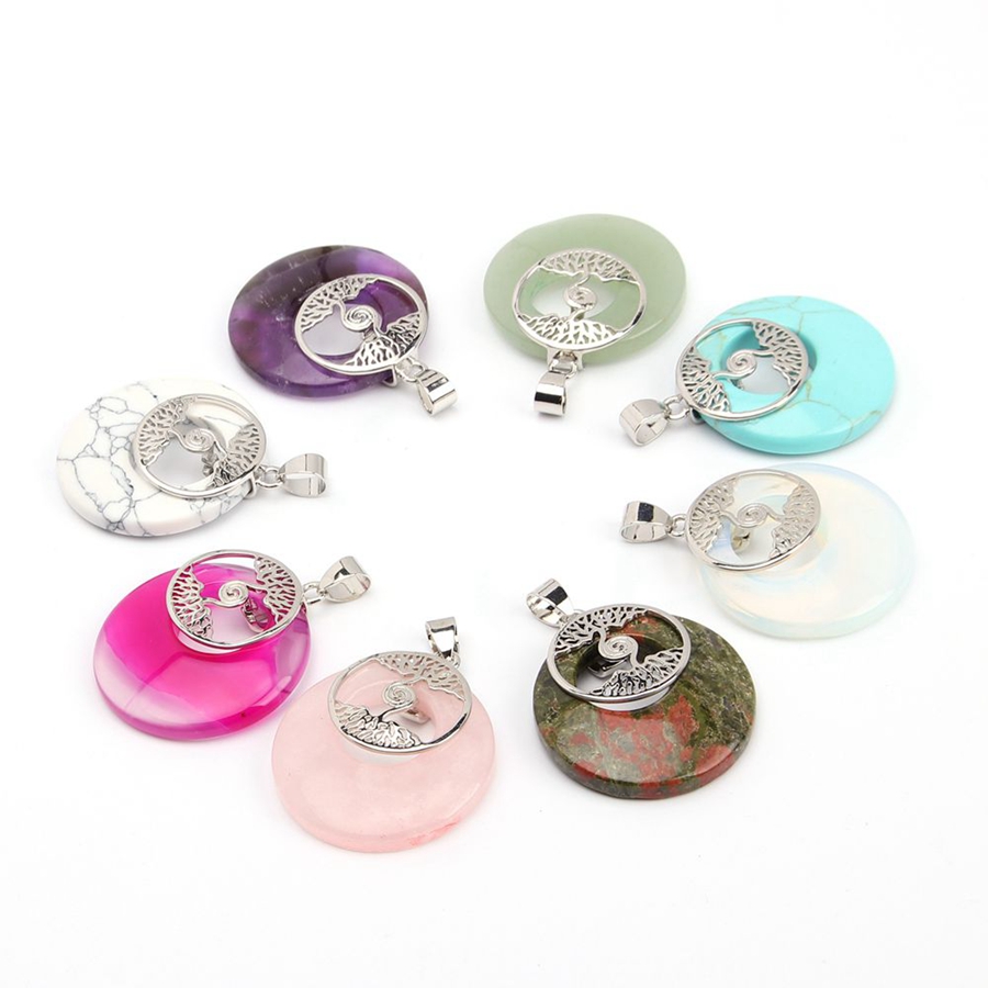 Natural Gemstone Life Tree Nostalgia Round Pendant Amethyst Rose Quartz Opal Obsidian Healing Crystal Necklace Charm Fashion Trend Reiki Stone Jewelry
