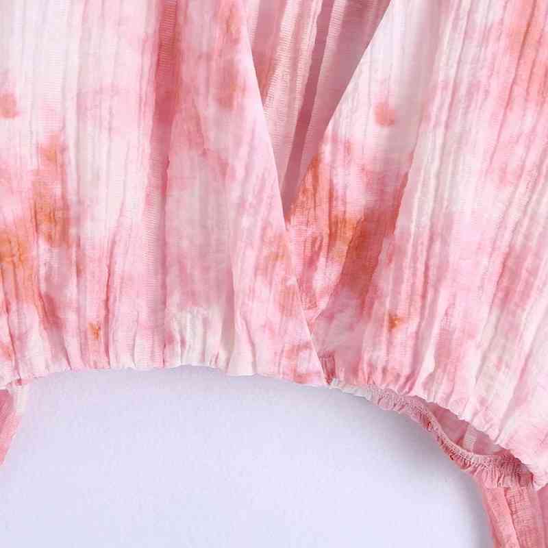 Summer Women Tie Dye Printing Deep V Neck Short Shirt Female Nine Quarter Sleeve Blouse Casual Lady Loose Tops Blusas S8915 210430