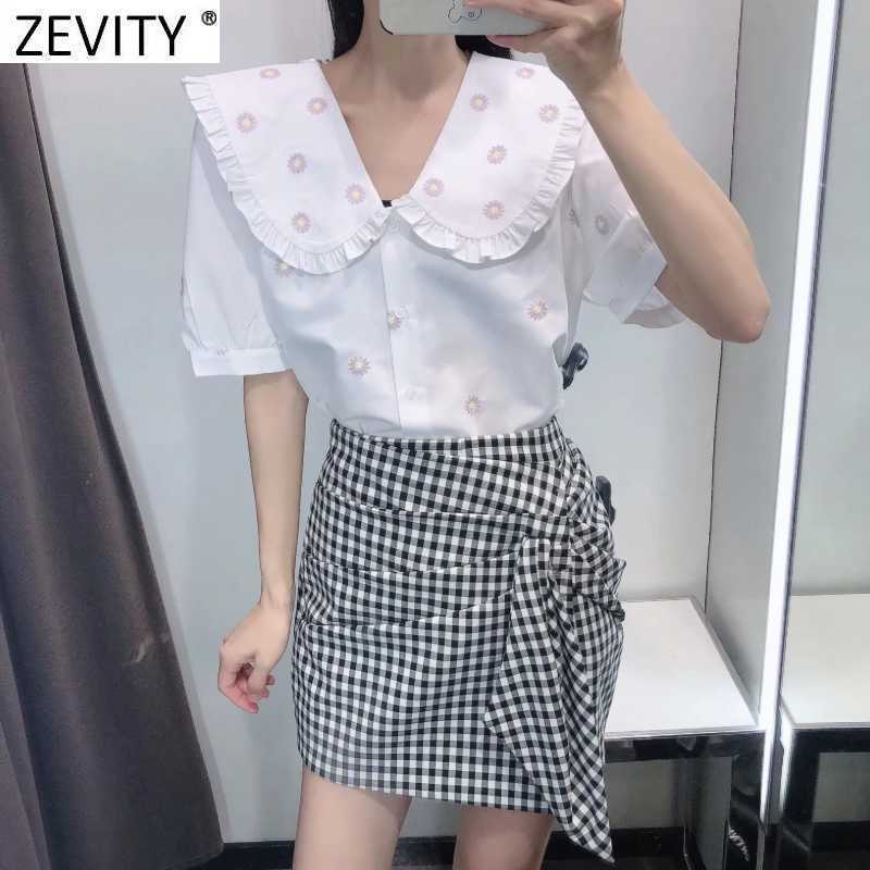 Zevity Women Sweet Floral Embroidery Casual Smock Blouse Female Short Sleeve Pleat Ruffles Shirts Chic White Chemise Tops LS9258 210603