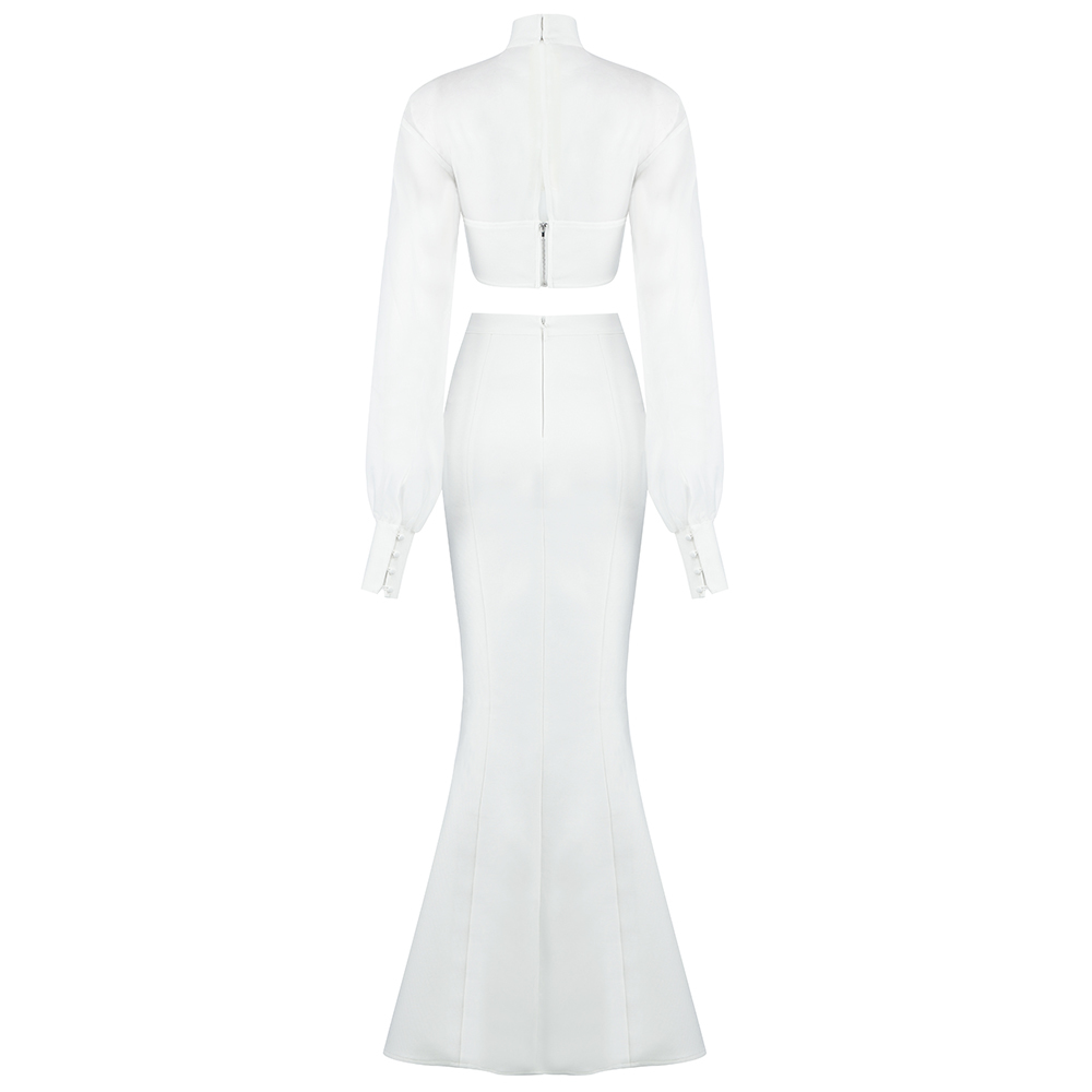 Women Set Bandage Elegant Party Club Celebrity Two Piece White Top Skirts Long Sleeve Suits Ladies Clothes 210515