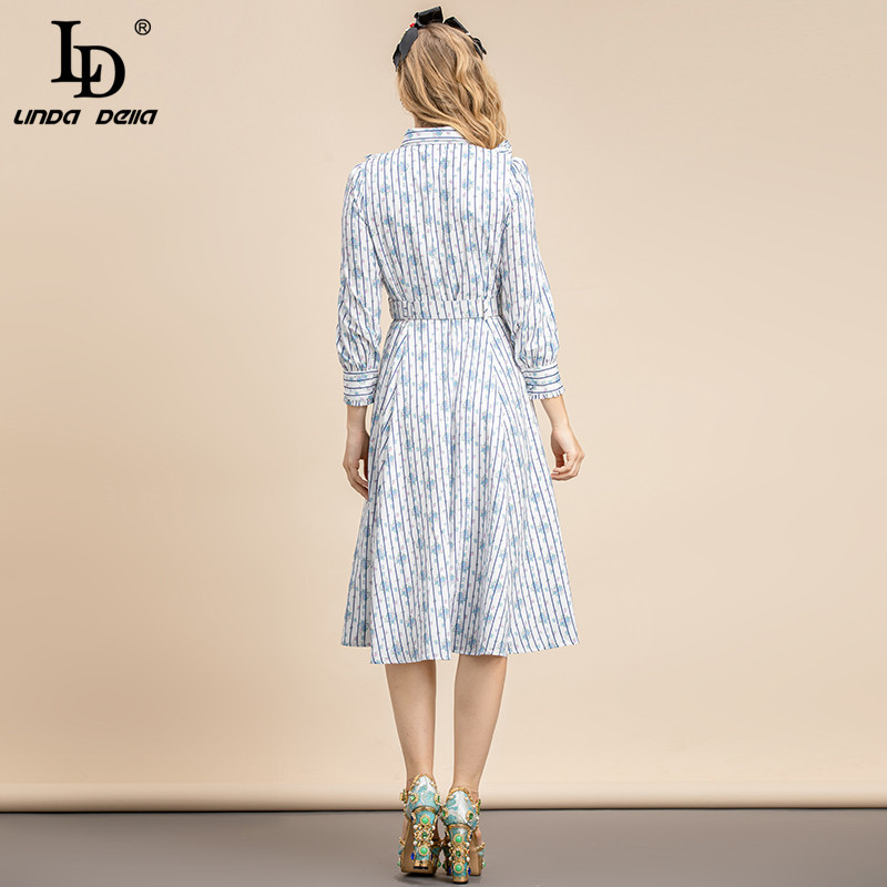 Summer Fashion Runway Dresses Women Elegant Bow Ruffle Sashes Long sleeve Striped floral print Vintage Midi Dress 210522