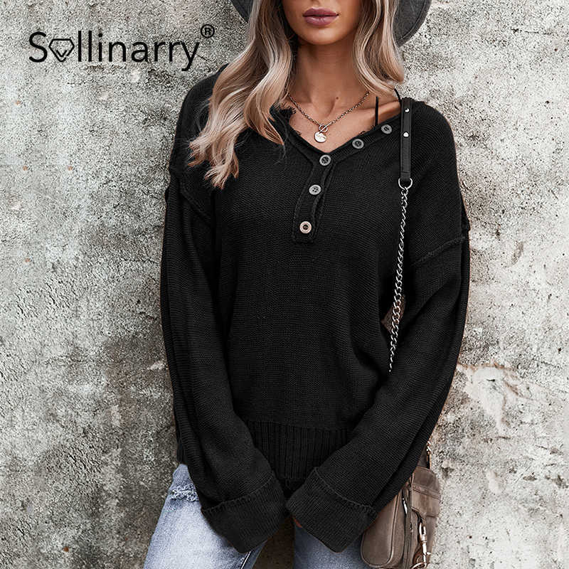 Sollinarry Office lady button loose pullover solid Elegant v-neck long sleeve sweater autumn winter Casual fashion female top 210709