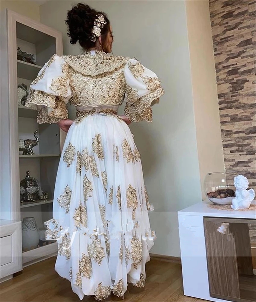 2022 Algeria Caftan Marocain de soirée Wedding Gowns gold lace long sleeve Arabic Traditional Kosovo vestidos Bridal Party Dresses