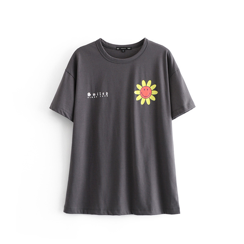 t shirt spring 2021 women's smiley face floral round neck casual, White
t shirt spring 2021 women's smiley face floral round neck casual, White