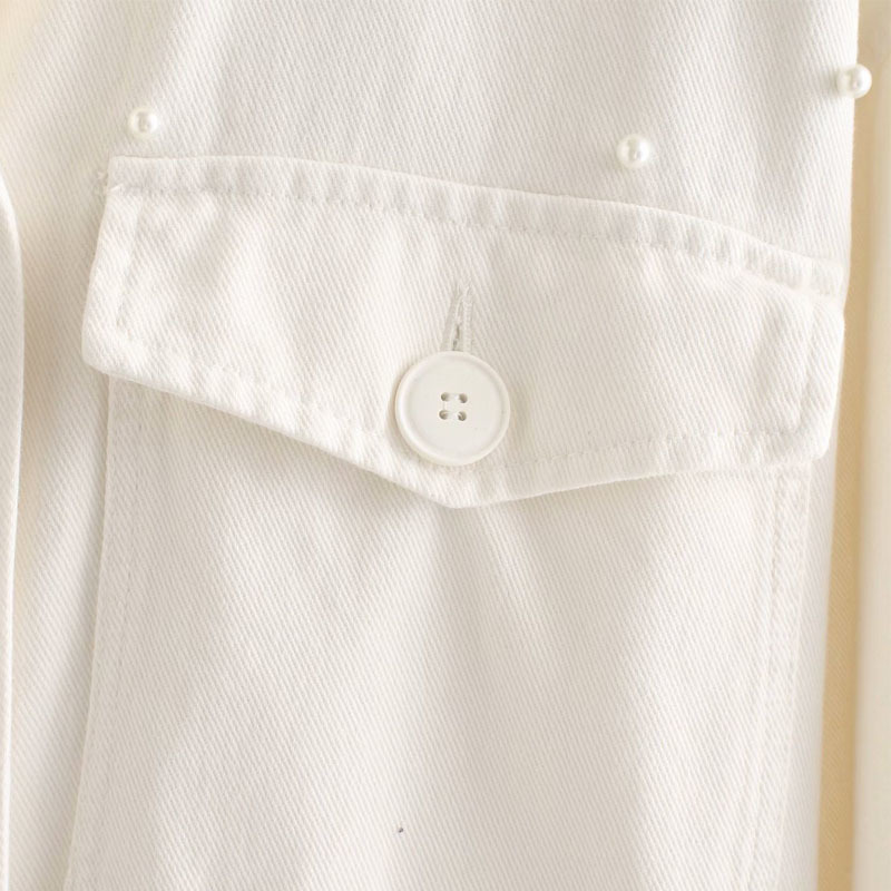 Pearl-embellished Single-breasted Double-pocket Long-sleeved Cotton Chic Women's Jacket Lapel Tooling Beaded Female Coat Tops 210507
