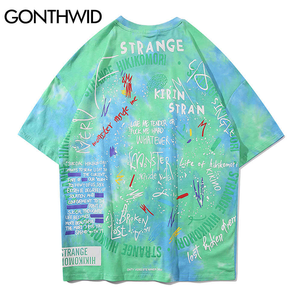 GONTHWID Tie Dye Tees Shirts Streetwear Hip Hop Graffiti Print Short Sleeve Tshirts Mens Harajuku Hipster Casual Tops Fashion 210623