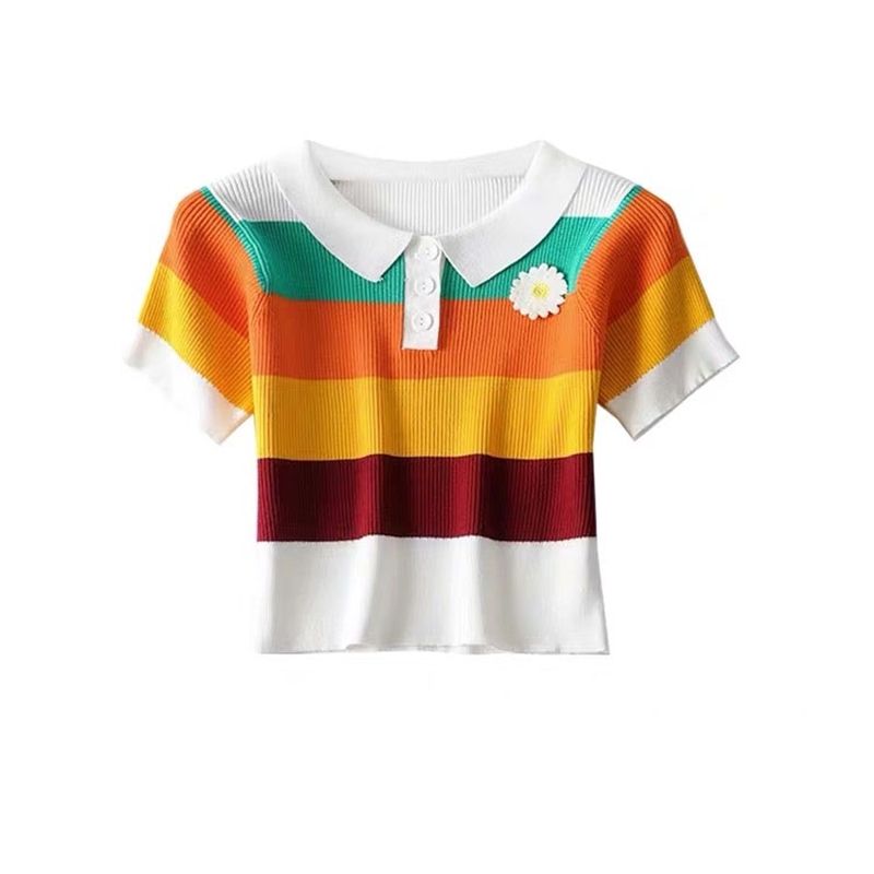 daisy flower colorful striped short top knitting crop tshirt summer women ropa mujer harajuku Tee 210421