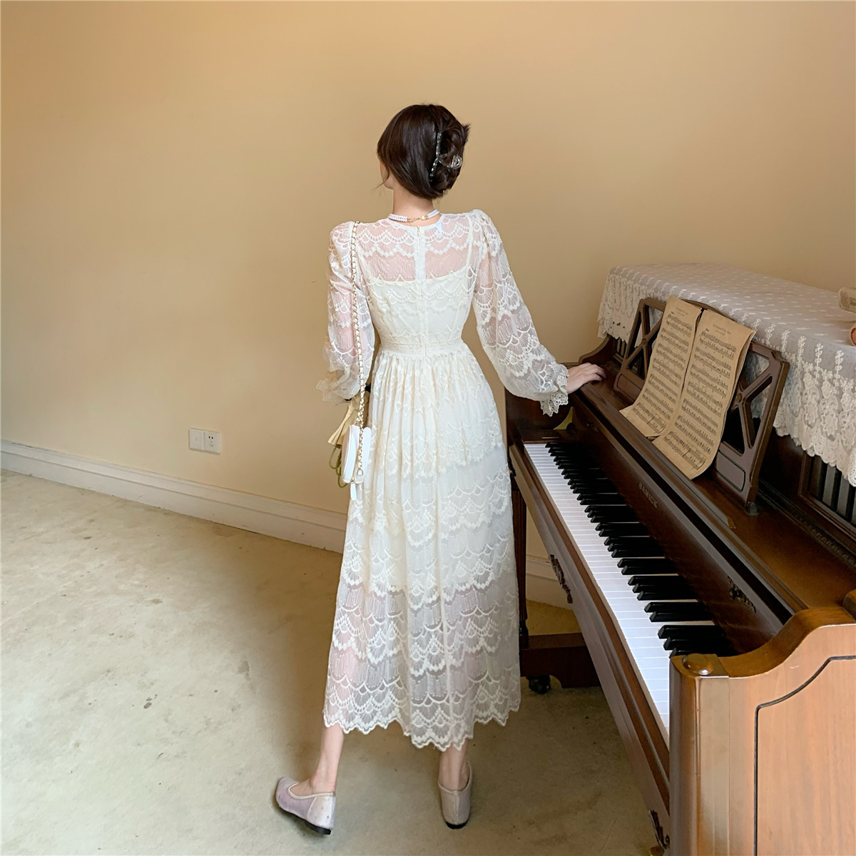 French Vintage Dress Women Casual Long Sleeve Lace Dress Korean Evening Party Retro Elegant Dress Female Autumn 210521