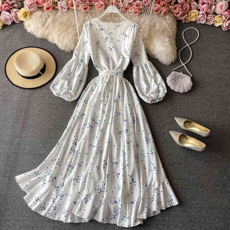 Spring Autumn V Neck A Line Lantern Sleeve Dress Floral Print High Waist Mid Calf Women Party Dresses 210521