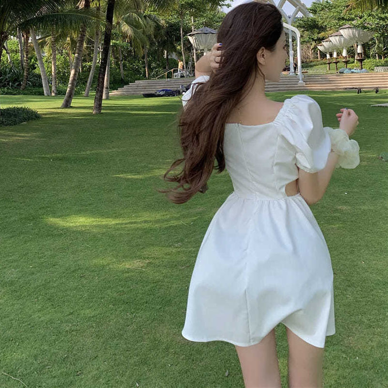 Summer Short Sleeve White Elegant Dress Women Square Collar Mini Dress Evening Party Dress for Females Korean Style Chic 210521