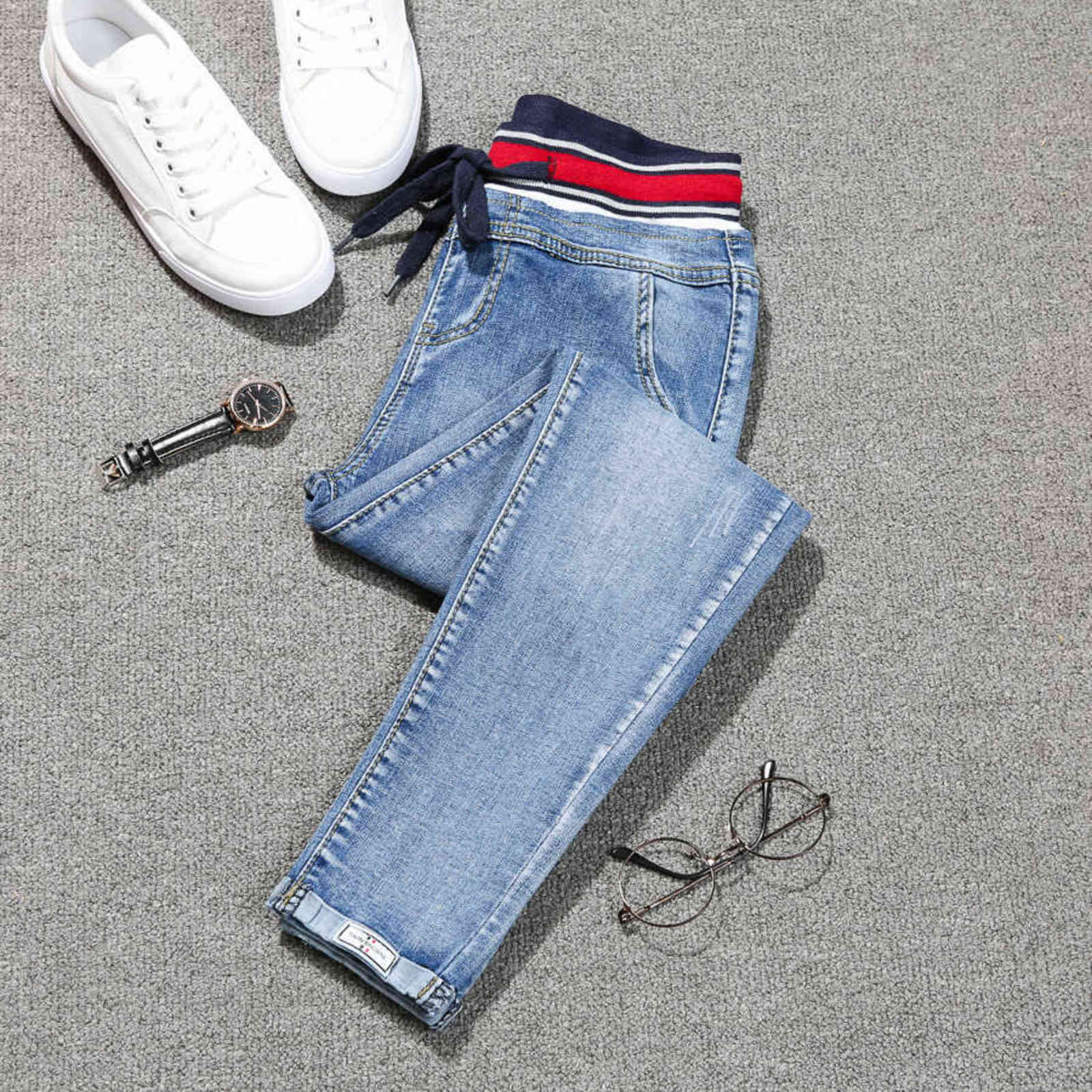 Large Plus Size 4XL 5XL Spring Stretch Jeans Women High Street Lace Up Harem Pants Elastic Wasit Patch Cuffs Denim 211115