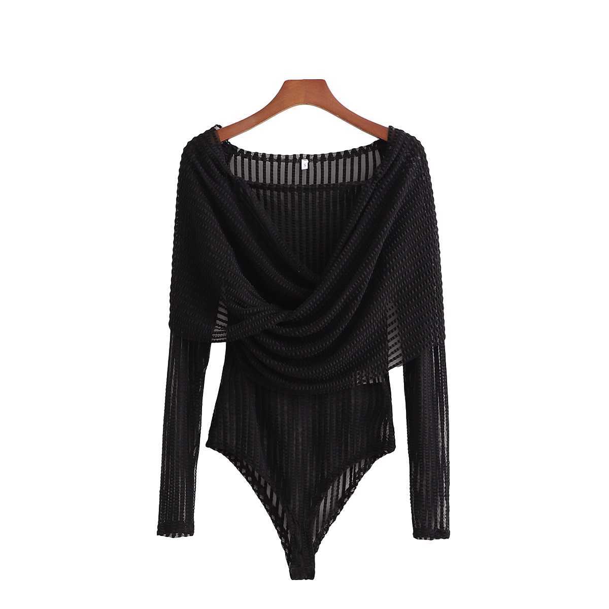 Sexy Women Solid Striped Bodysuit Fashion Ladies Transparent Mesh Playsuits Streetwear Female Chic Cross 210527
