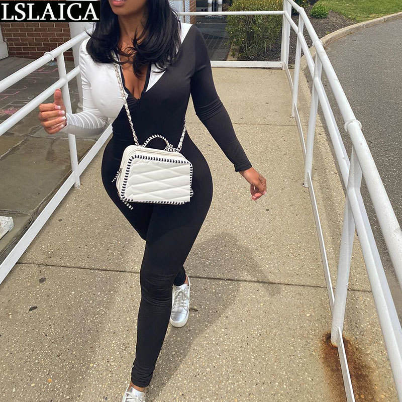 Long Sleeve Body Suits for Women Romper Patchwork Skinny Workout Bodysuit Streetwear Autumn Jumpsuit Female Overalls 210515
