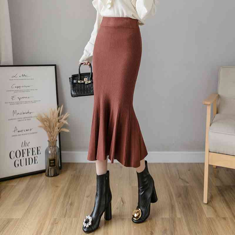 NIJIUIDNG Autumn Nylon Knitting Skirts Ladies Vintage Elastic High Waist Ruffles Solid Mermaid Mid Calf Female 210514