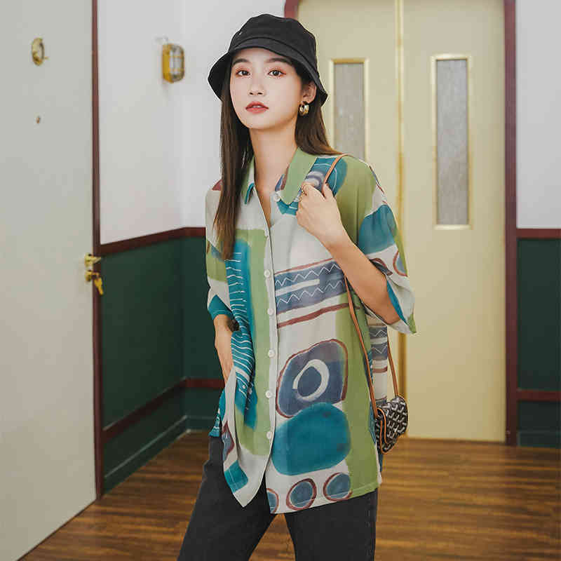 Green Aesthetic Chiffon Blouse Women Butto Up Short Sleeve Shirt Summer Top Loose Collar Fashion Blouses 210427