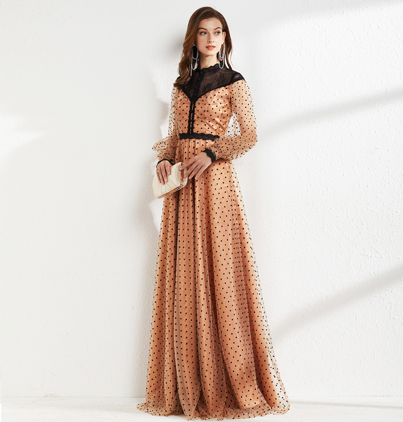 Women's Runway Dresses O Neck Long Sleeves Lace Patchwork Polka Dots Printed Elegant Maxi Floor Length Party Prom
