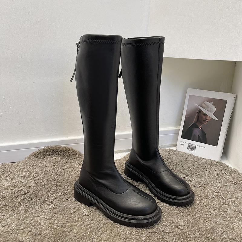 Boots Women Thigh High 2021 Winter Slim Flat Thick Sole Platform Female Black Knee-High Motorcycle Women's Shoes
