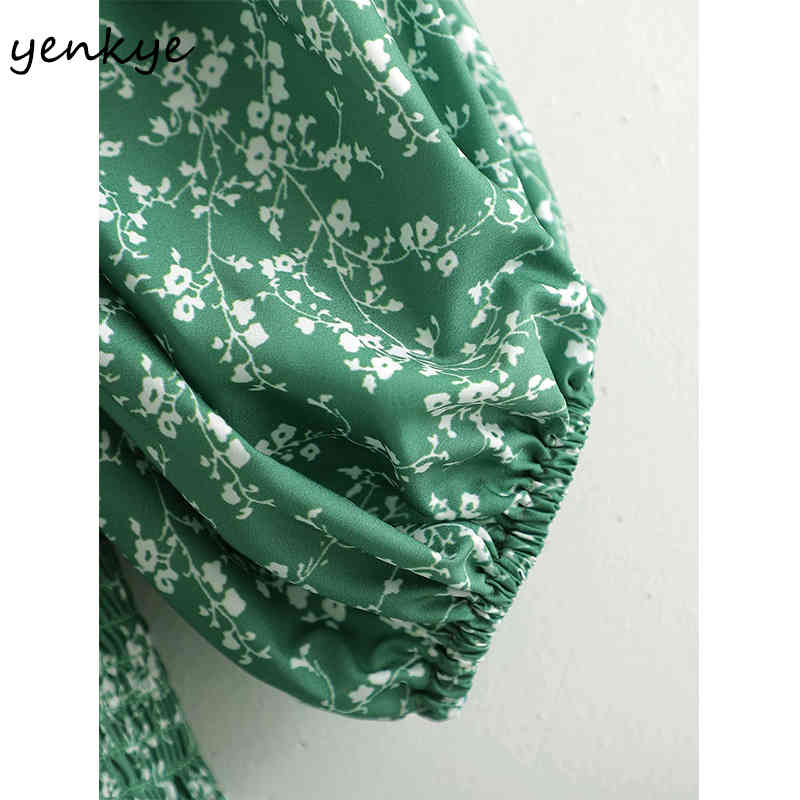 Prairie Chic Summer Dress Women Green Floral Print Female Lantern Sleeve O Neck Knee Length Big Swing Vestido 210430