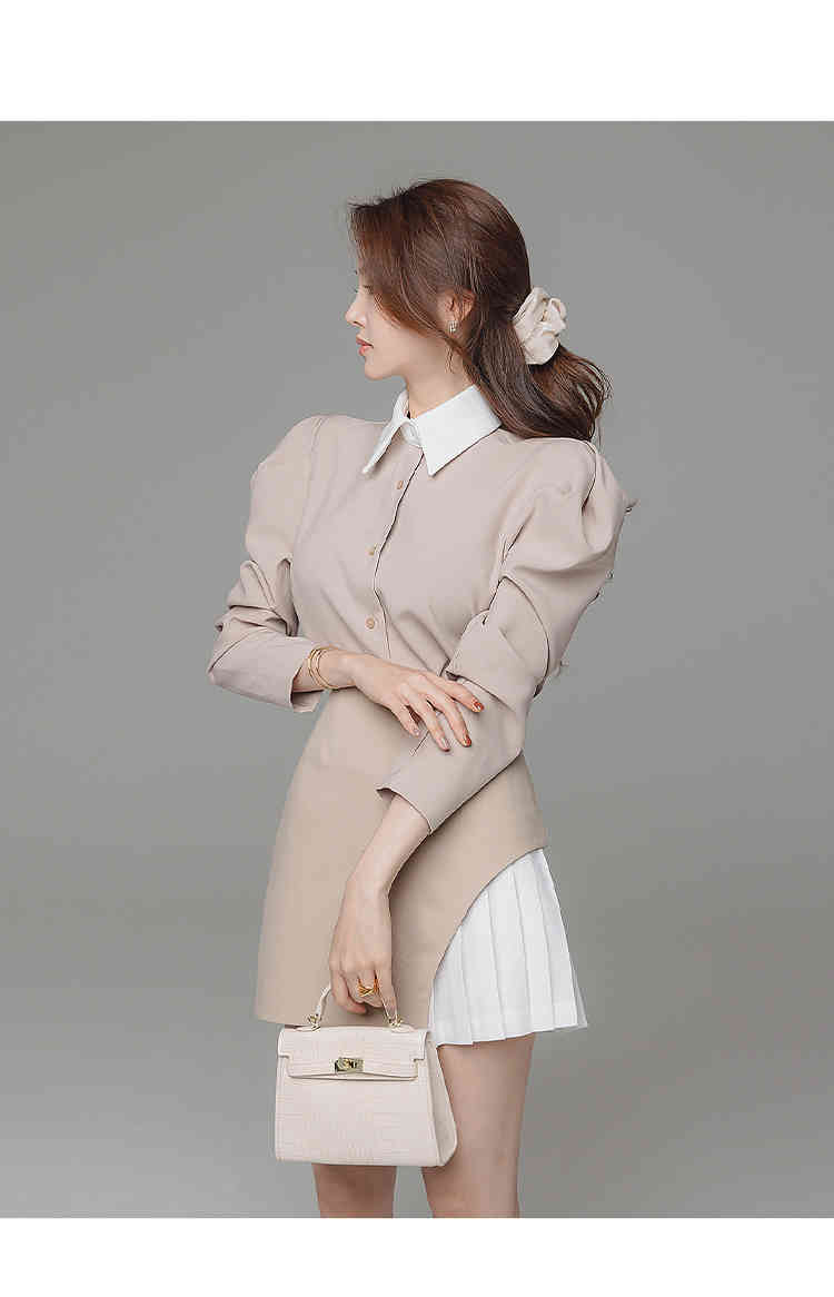 Spring 2 Pieces Set White Patchwork Turn Down Collar Puff Sleeve Simple Blouses & Bodycon Pleated Mini Skirt Office Lady Suit 210519