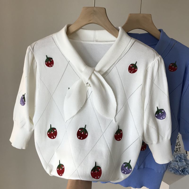 spring and summer bowknot handmade strawberry pullover sweater women's thin short-sleeved T-shirt blue top 210525, White
spring and summer bowknot handmade strawberry pullover sweater women's thin short-sleeved T-shirt blue top 210525, White