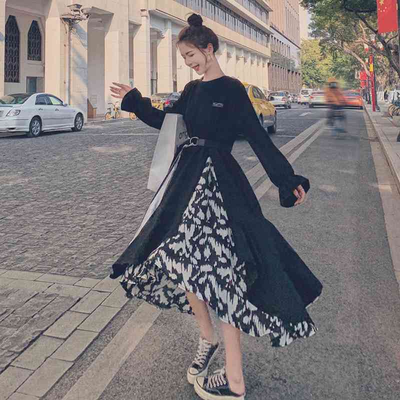 Street Style Irregular Full Sleeve Women Party Dress O Neck Fold Ladies Long Dresses Spring Chic Plus Size Female Robe 210521
