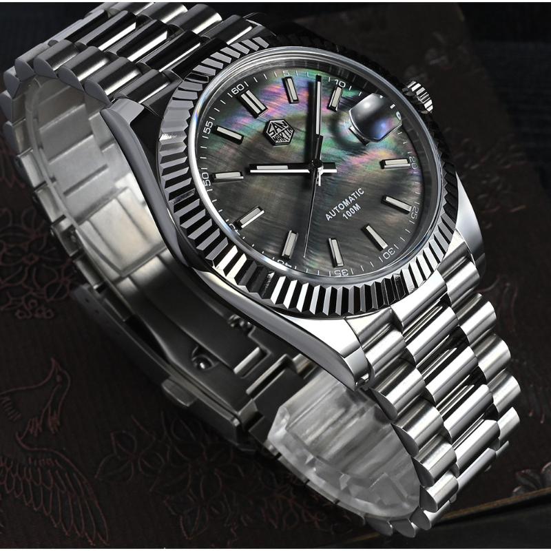 Wristwatches San Martin Men Watch 40mm Vintage MOP Dial Retro Business Luxury Sapphire Automatic Mechanical Watches Carving Bezel 10Bar, White mop pt nologo
Wristwatches San Martin Men Watch 40mm Vintage MOP Dial Retro Business Luxury Sapphire Automatic Mechanical Watches Carving Bezel 10Bar, White mop pt nologo