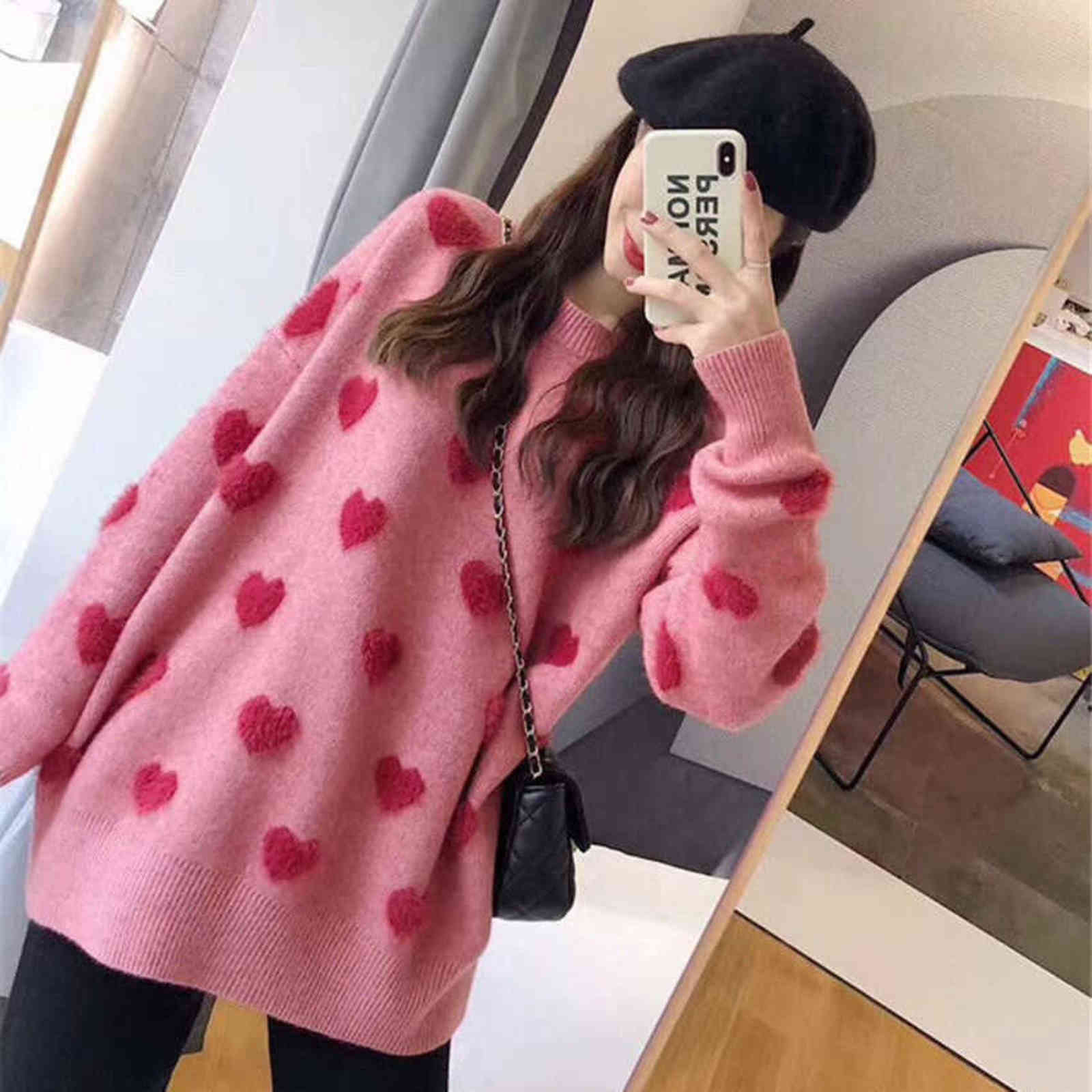 Sweater women's loose jacket fall winter love pullover long sleeve lazy style net red fashion retro knit top 211109