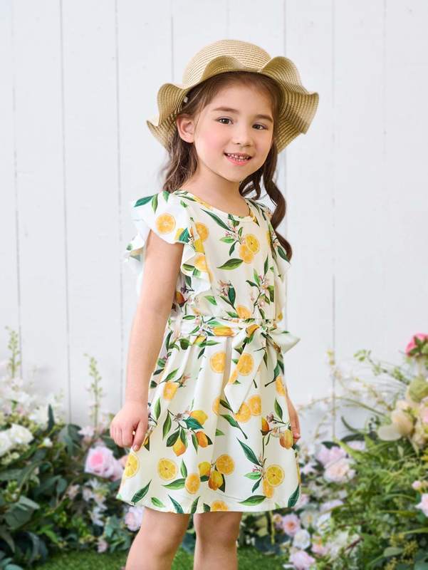 Toddler Girls Lemon & Floral Print Ruffle Trim Belted Dress SHE