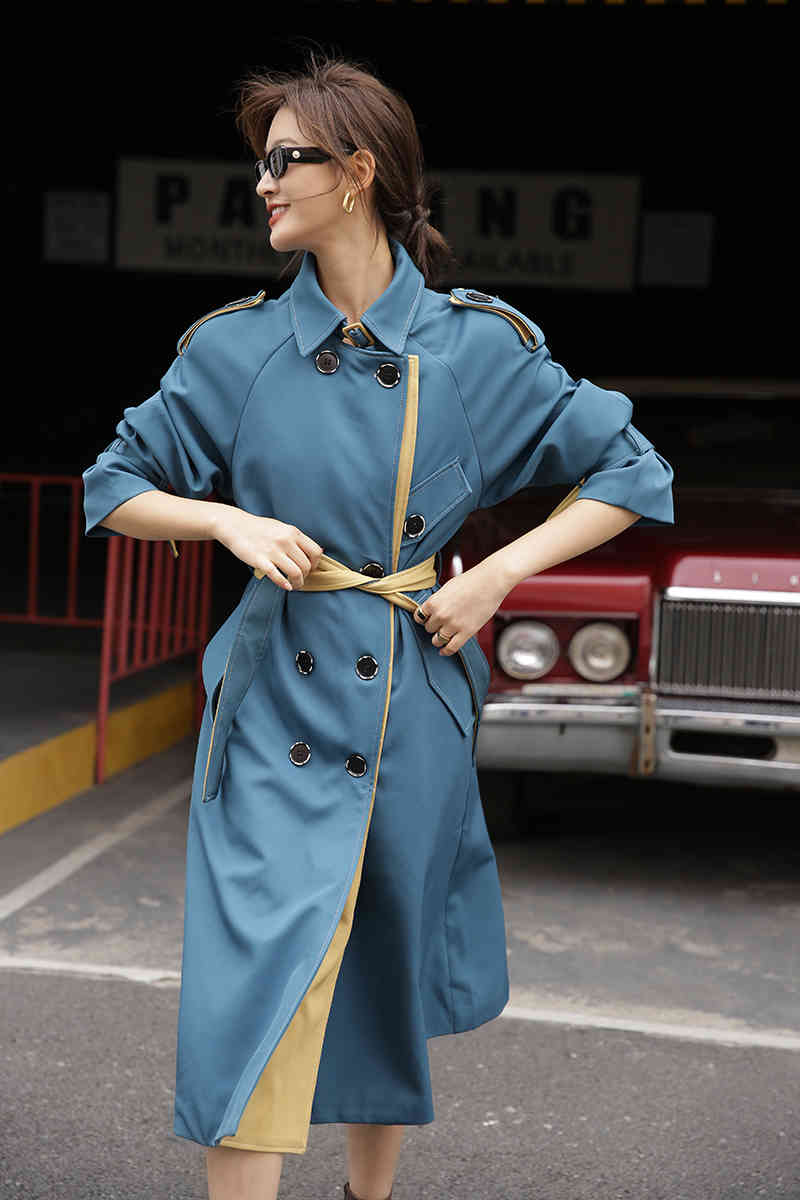 Blue Double Breasted Trench Coat Women Winter Long s And Jackets Windbreaker Belted Trenchcoat Outerwear 210427