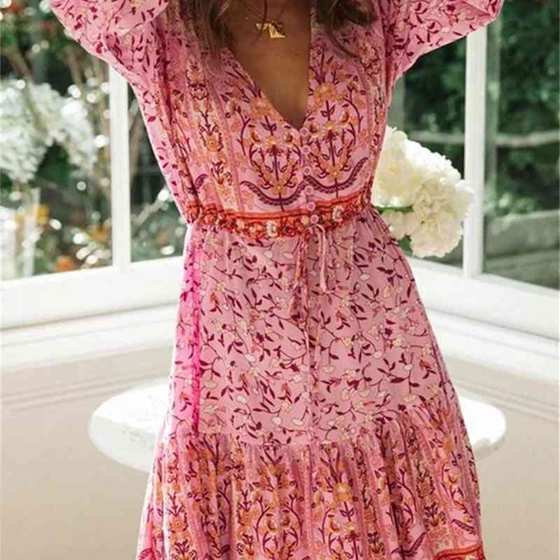 Bohemia V neck Location Floral Print Lantern Long Sleeve Short Dress Hippie Woman Adjustable Lacing up Waist Holiday Dresses 210429