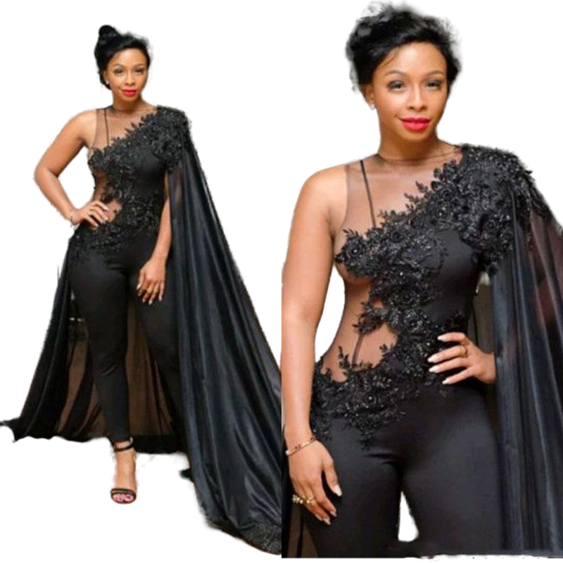 Sexy Black Illusion Jumpsuits Prom Dresses With Cape Wrap 2024 South Africa Lace Applique Long Evening Gowns Beaded Women Formal Party Wear