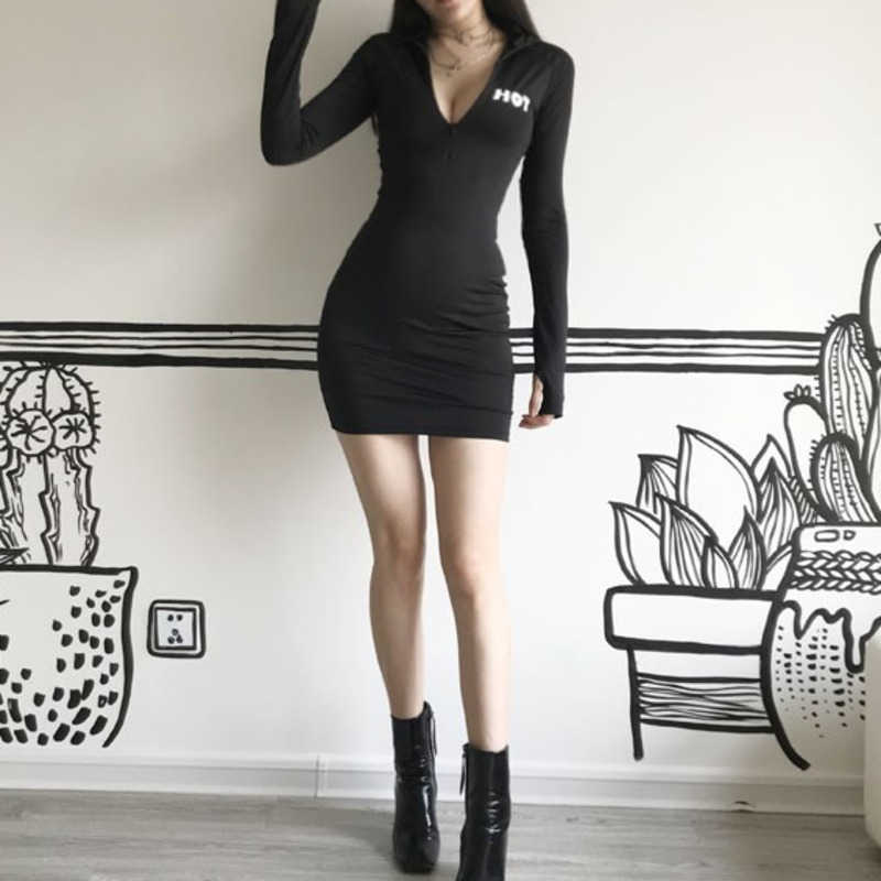 Korea Slim Long Sleeve Sports Mini Dress Zipper Stand Collar Low Bust Sexy Korean For Women Letter Dresses 0VT 210603