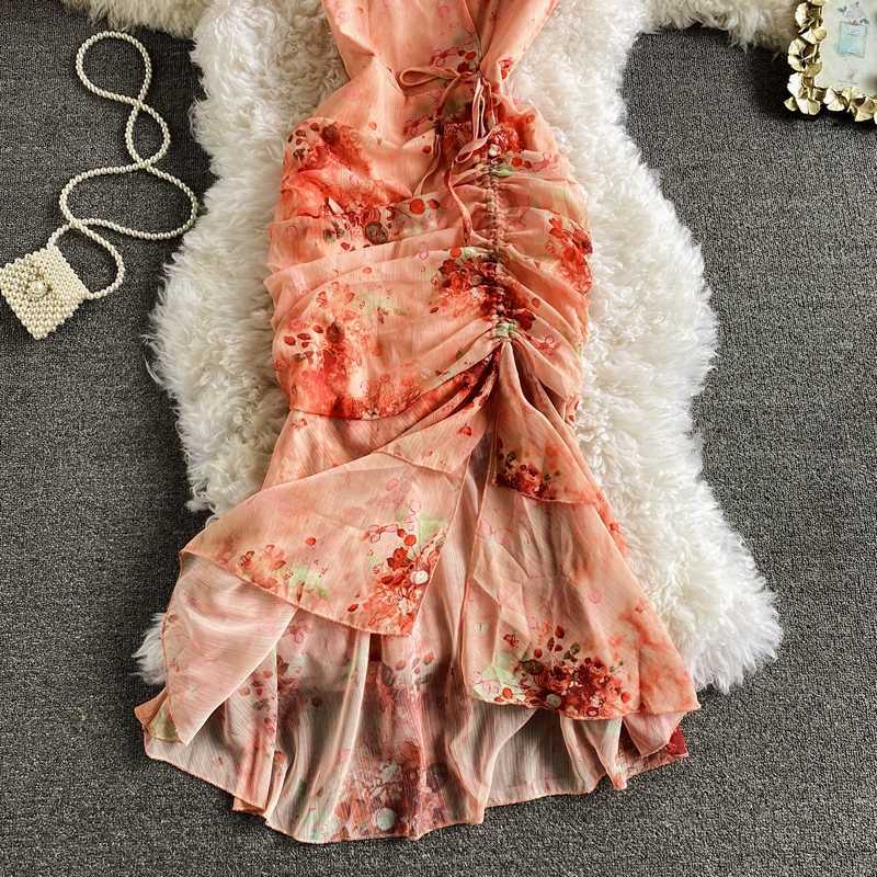 Vintage V-Neck Printed Chiffon Drawstring Mermaid Midi Dress Women Elegant High Waist Ruffle Vestidos Fashion Spring Summer 210630