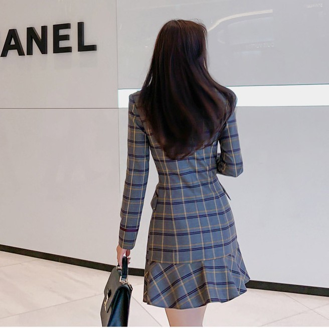 Vintage Elegant Ruffle Double Breasted Women Dress Spring Ladies Temperament Office OL Work Business Plaid Mini Femme 210519