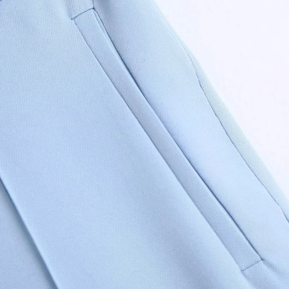 BBWM Women Fashion Office Wear Side Pockets Straight Blue Pants Vintage High Waist Zipper Fly Female Trousers Mujer 210520