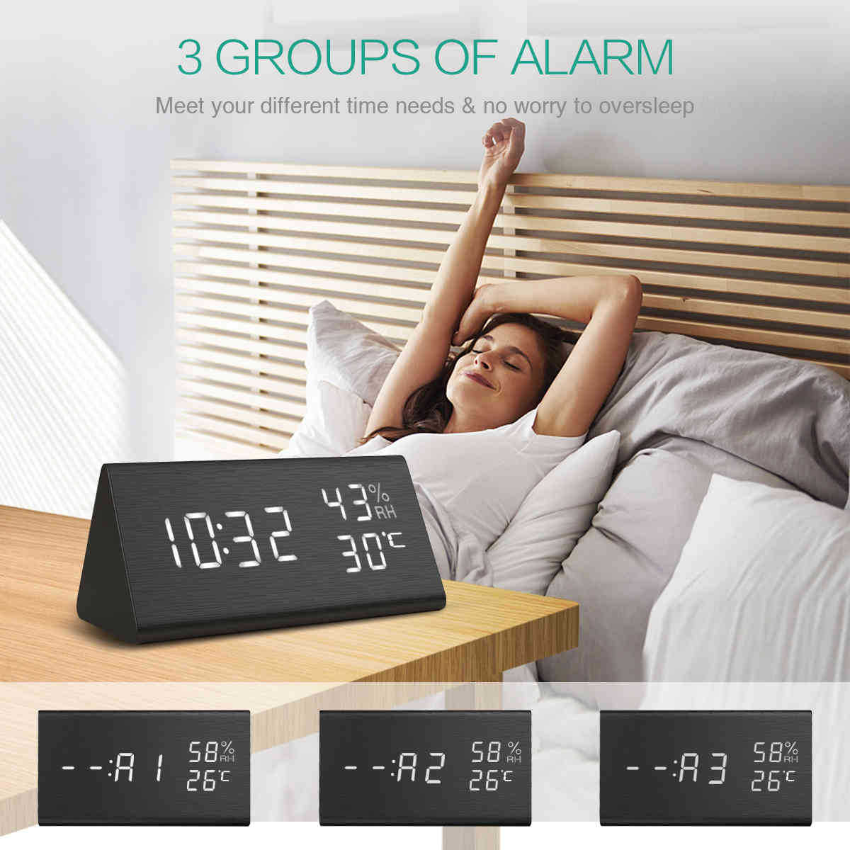 Creative electronic wood digital clock led time display temperature and humidity detect clock for the fourth alarm clock