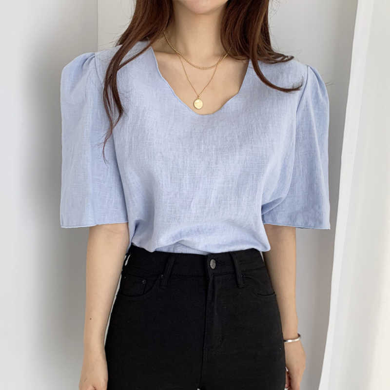 Korejpaa Women T-Shirt Summer Korean Chic Simple Basic V-Neck Loose Casual Solid Color Short-Sleeved All-Match Pullover 210526