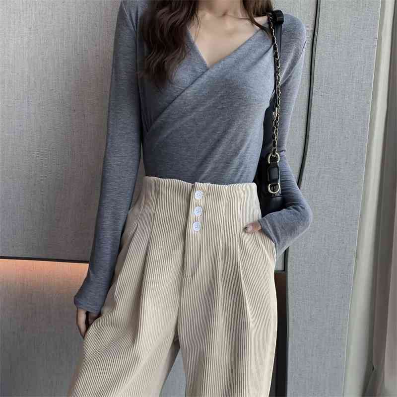 Corduroy High Waist Wide Leg Long Pants Trousers Women Buttons Casual Korean Straight Floor-length Female Fashion 210518