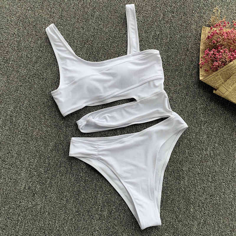 White One Piece Swimsuit Sexy Trikini Swimwear Women Cut Out Monokini Push Up Bathsuit Bandage Bathing Suit Maillot De Bain 210323