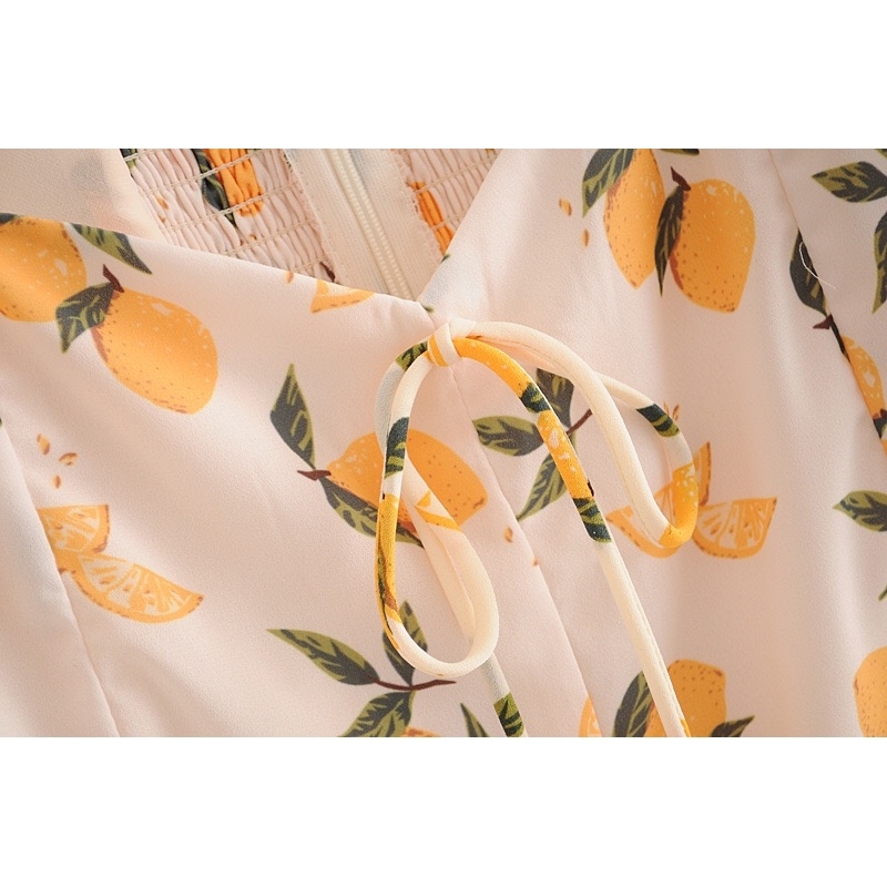 Vintage Fruit Orange Print Shirt Beige Retro Elastic Ruched Back Square Collar Short Sleeve Blouse tank top Tops 210429