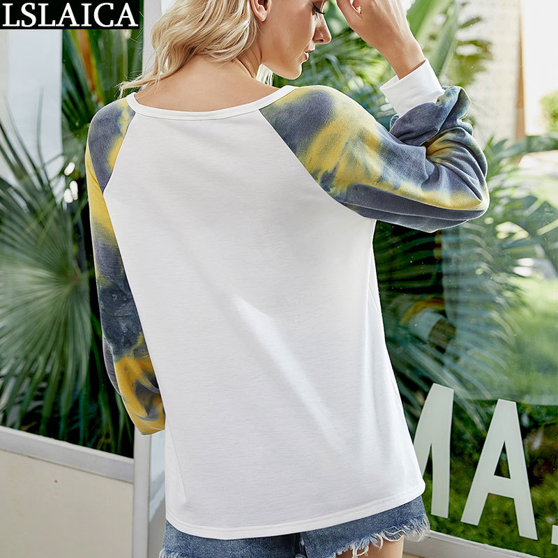 Casual Long Sleeve Tshirt Tie-Dye Patchwork Loose t-Shirt Fashion Streetwear Women Office Homewear Ladies Tops Ropa Mujer 210520