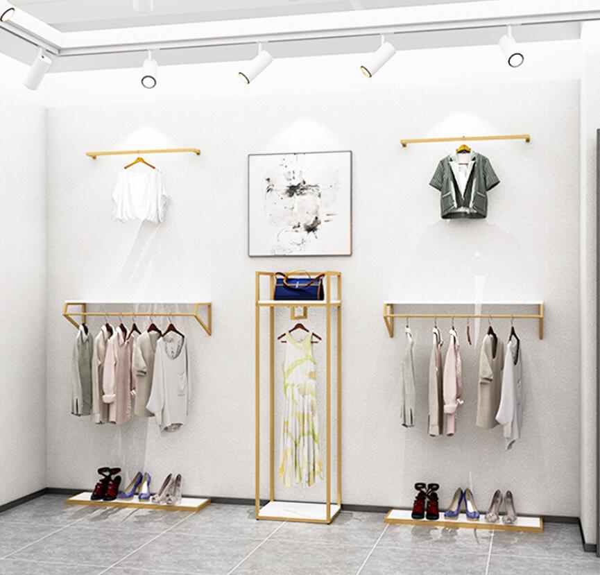 Clothes hanger display rack in clothing store Commercial Furniture golden wall racks floor type side hanging simple women's shelf double-layer cl