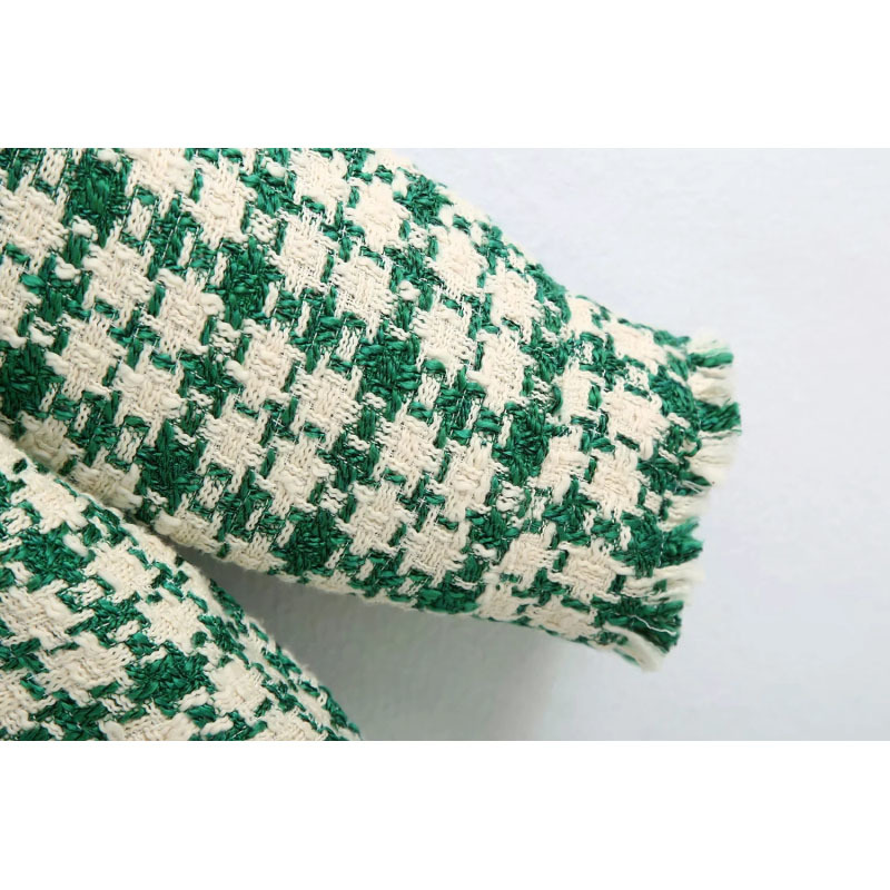 BBWM Stylish Chic Pockets Green Plaid Tweed Jackets Women Fashion Lapel Collar Side Vents Coat Female Chic Outerwear 210520