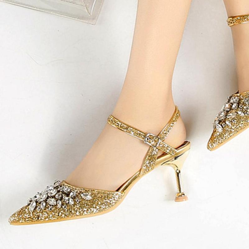 Luxury Women's Sandals Rhinestone High Heels Ladies Pumps Pointed-Toe Sparkling Gold Wedding Shoes Dress Bridal 6-Color Mid-Heel