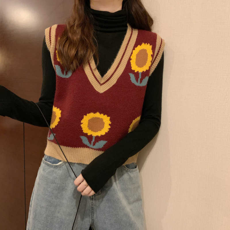 Veste Sans Manche Femme Autumn Korean Style Loose Sunflower Print Pullover Vests for Women Casual Short Knitted Vest Mujer 210604