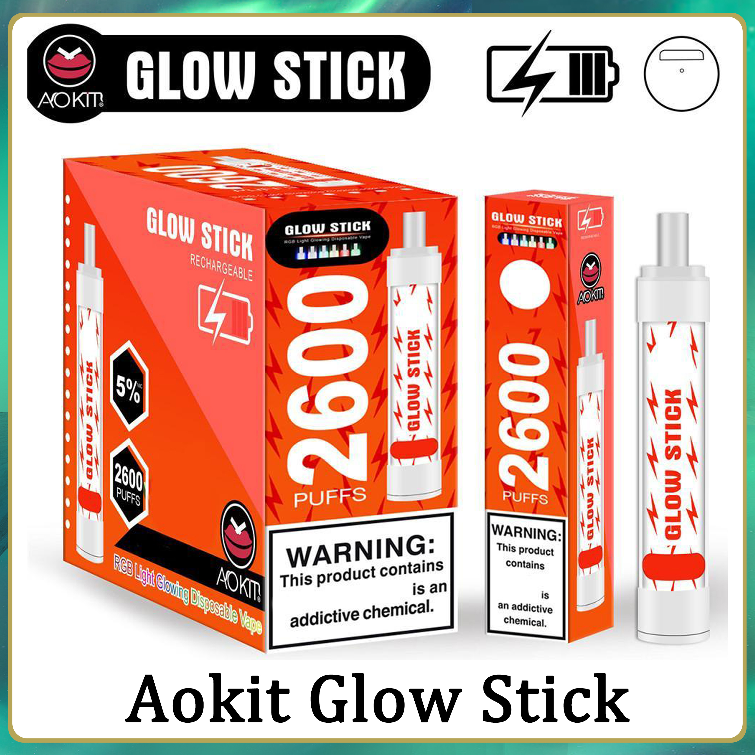 100% Authentic Aokit Glow Stick Disposable Device Cigarettes 2600 Puffs 8ML Pre-Filled Vape Pods Rechargeable Battery Aviliable Loy xl
100% Authentic Aokit Glow Stick Disposable Device Cigarettes 2600 Puffs 8ML Pre-Filled Vape Pods Rechargeable Battery Aviliable Loy xl