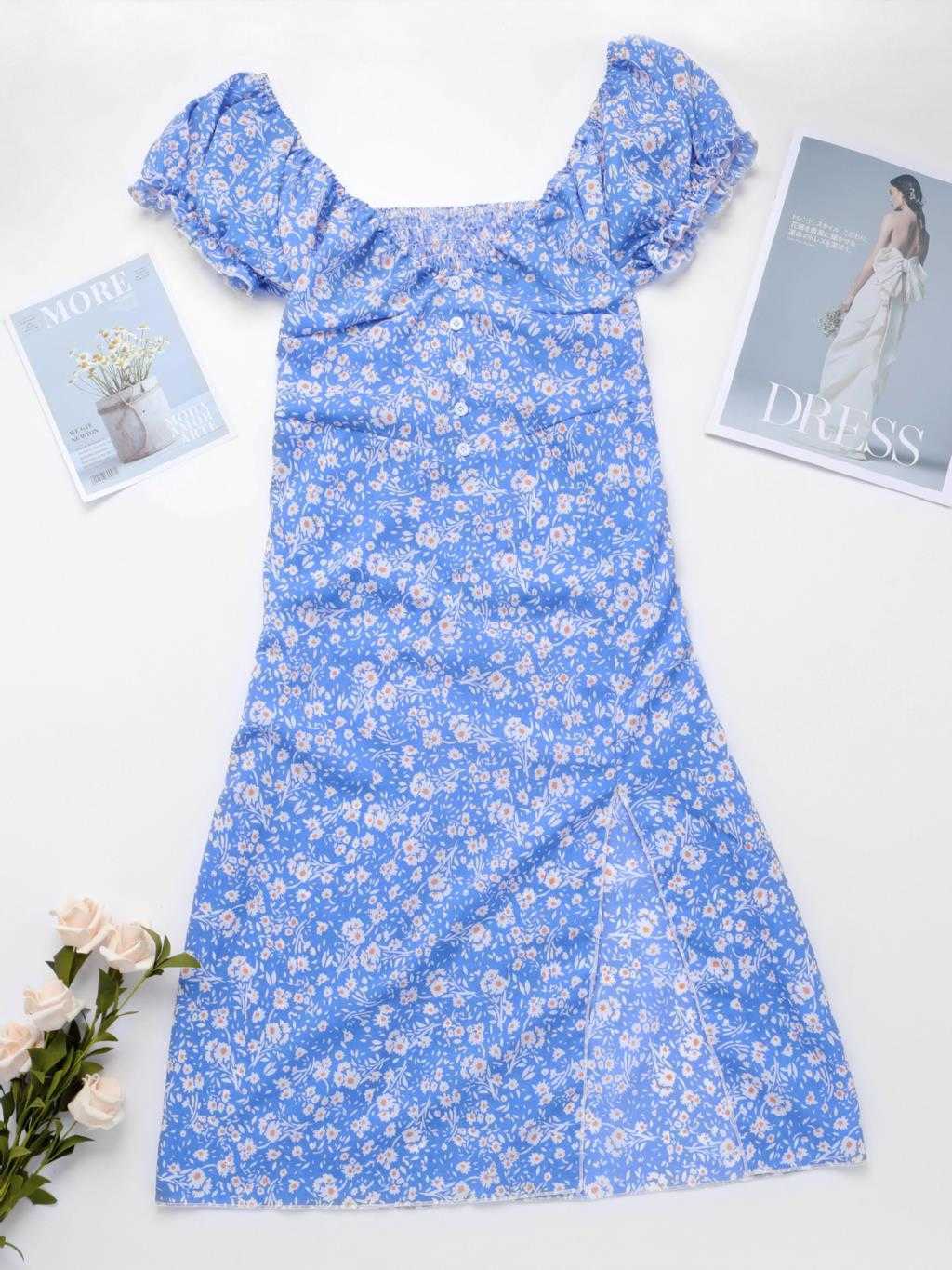 Women Summer Floral Print Pencil Dress Sexy V Neck Pleated Buttons Puff Sleeve Elastic Waist Split Slim Wrap Hips Ladies Dresses 210526