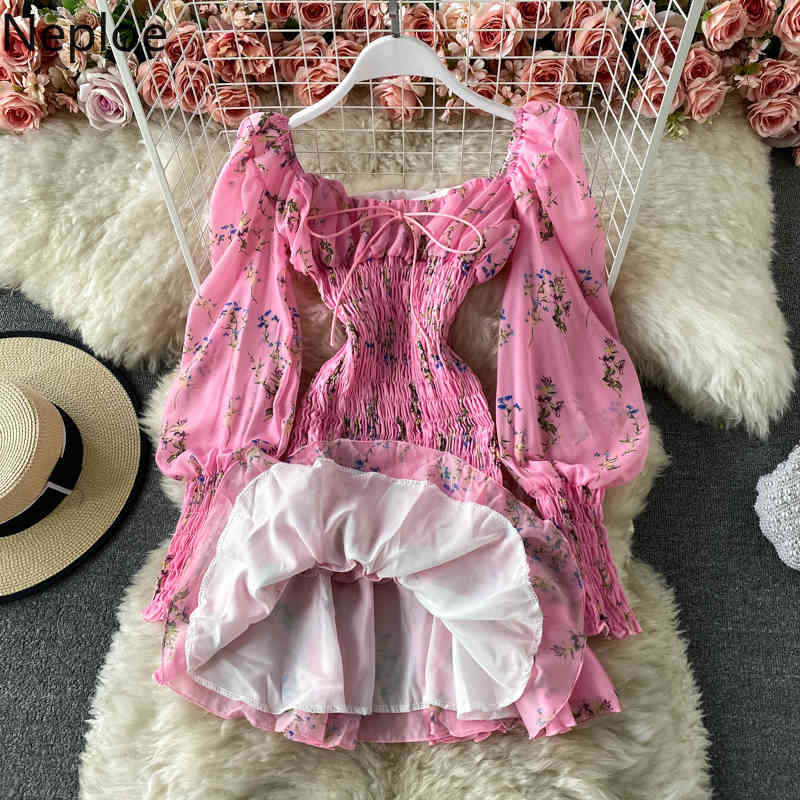 Neploe Spring Dress Woman Square Collar Slim Chiffon Vestidos Ruffles Pleated Lantern Sleeve Floral Robe Bodycon Dresses Women 210422