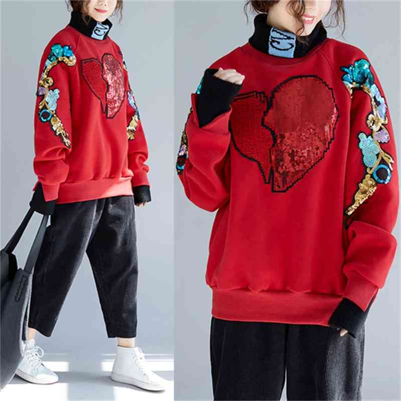 Autumn Winter Fashion Women Loose Batwing Sleeve Long Pullovers Thicken cotton Sequin embroidery Casual Hoodies T6446 210512