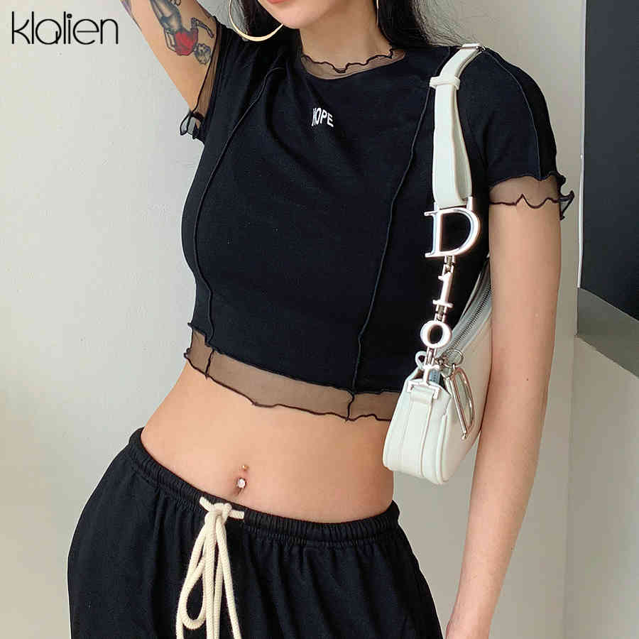 KLALIEN Leisure Women Cotton T Shirt Summer High Street Fashion Simple Print Letter Patchwork Female T shirt Wild Slim Top Lady 210322